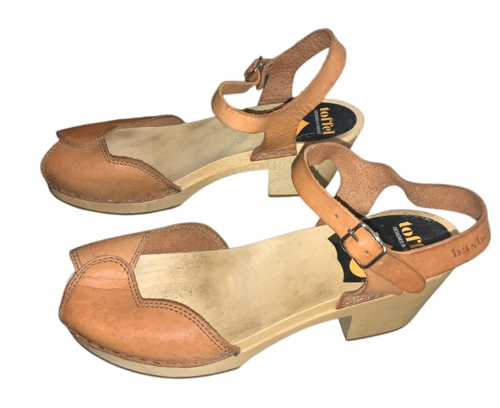 Swedish HASBEENS TOFFEL Brown Leather Peep Toe Wooden Clog Sandals Size 39