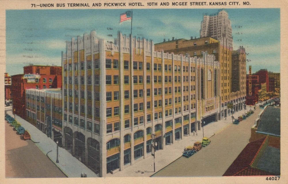 Union Bus Terminal Pickwick Hotel Kansas City MO Posted Vintage Linen Postcard