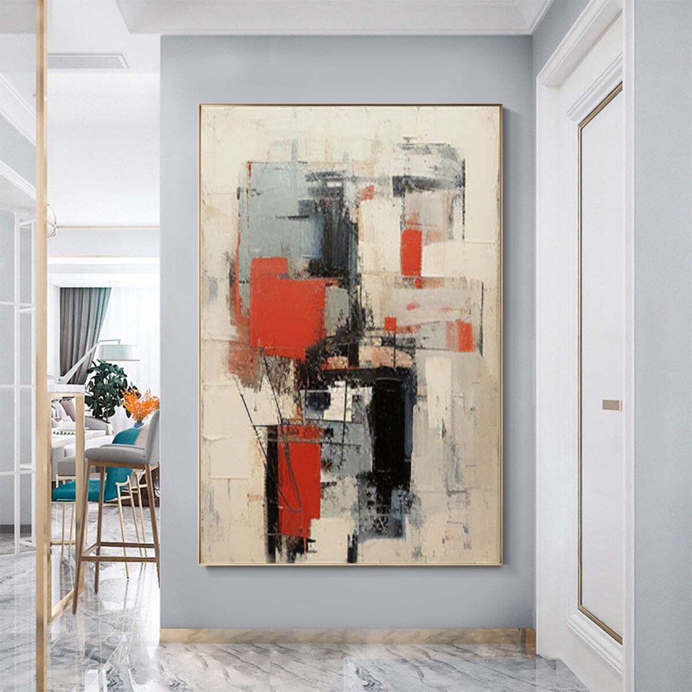 Hand-Painted Modern Black Abstract Oil Painting On Canvas Art Picture Home Red