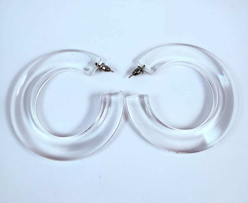 Vintage Clear Plastic Large Hoop Dangle Stud Pierced Earrings