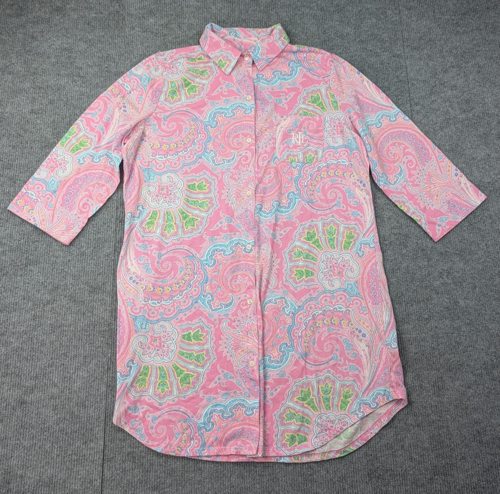 Ralph Lauren Pajama Shirt Dress Womens Medium Pink Paisley Preppy Cotton Comfy