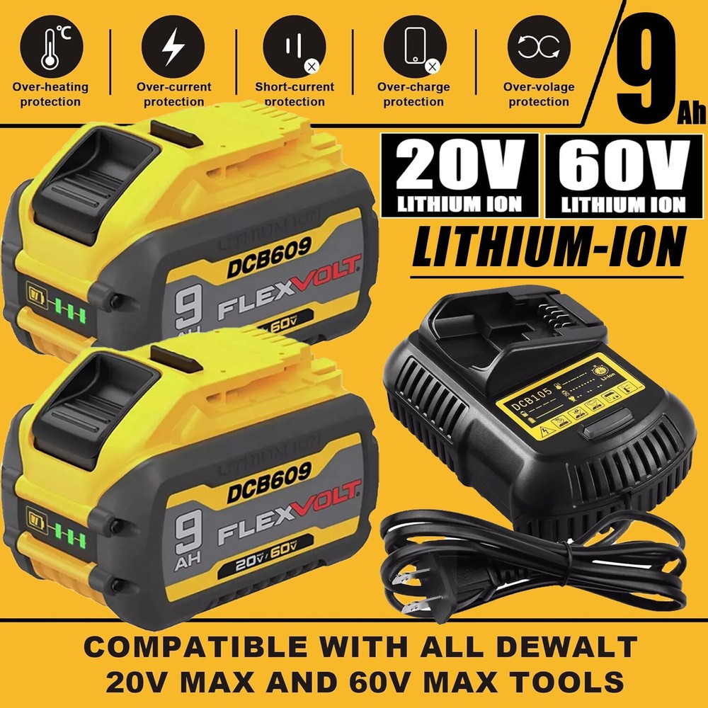 2Pack 9.0Ah Dewalt FLEXVOLT 20V/60V MAX Battery & Charger DCB609 DCB606-2