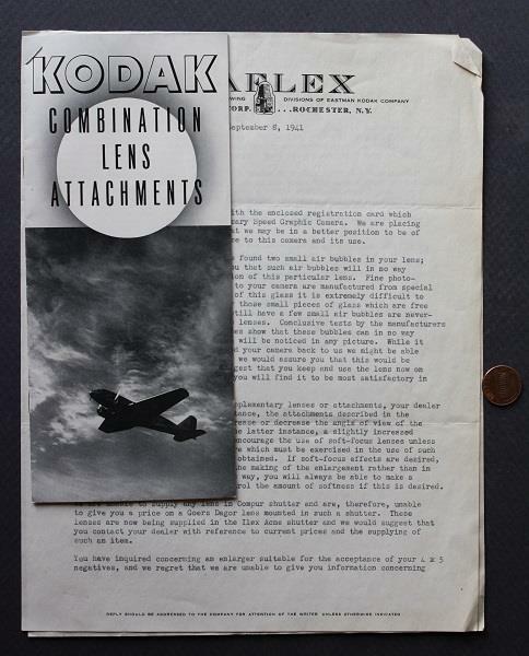 1941 WWII Era Rochester New York Kodak Camera lens letter & booklet set SCARCE--