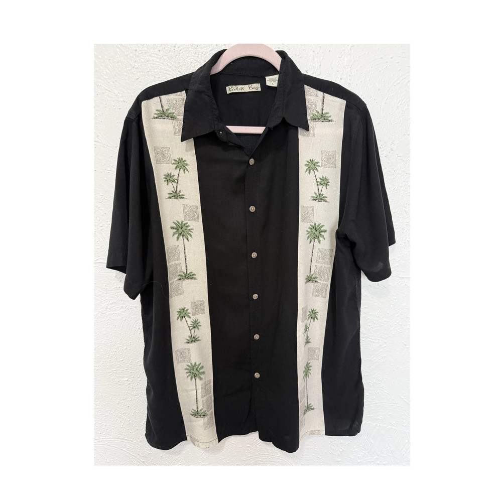 BATIK BAY Men's Black Rayon Palm Tree Embroidered Short Sleeve Button-Up Shirt L