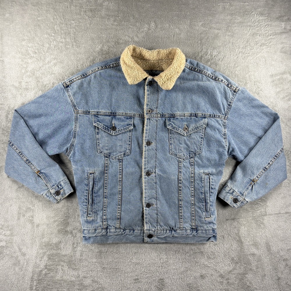 Zara Men’s Sherpa Lined Denim Trucker Jacket Blue Jean Coat Size Medium