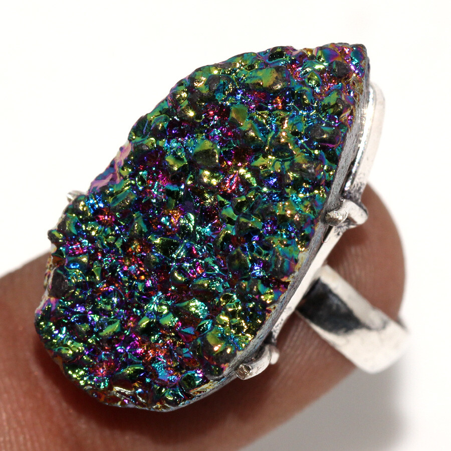 925 Silver Plated Titanium Druzy Ethnic Ring Handmade Jewelry Size US 6 JW
