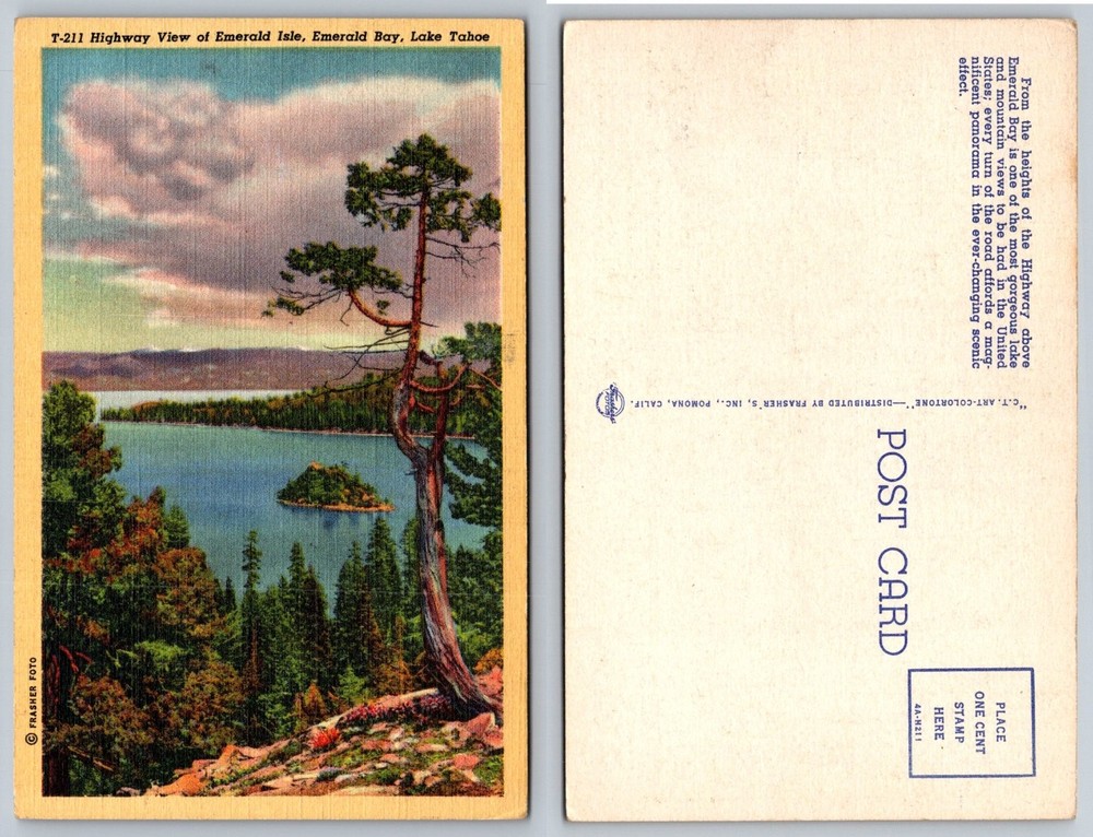 Vintage T-211 Emerald Bay Lake Tahoe Scenic Frasher Foto Postcard