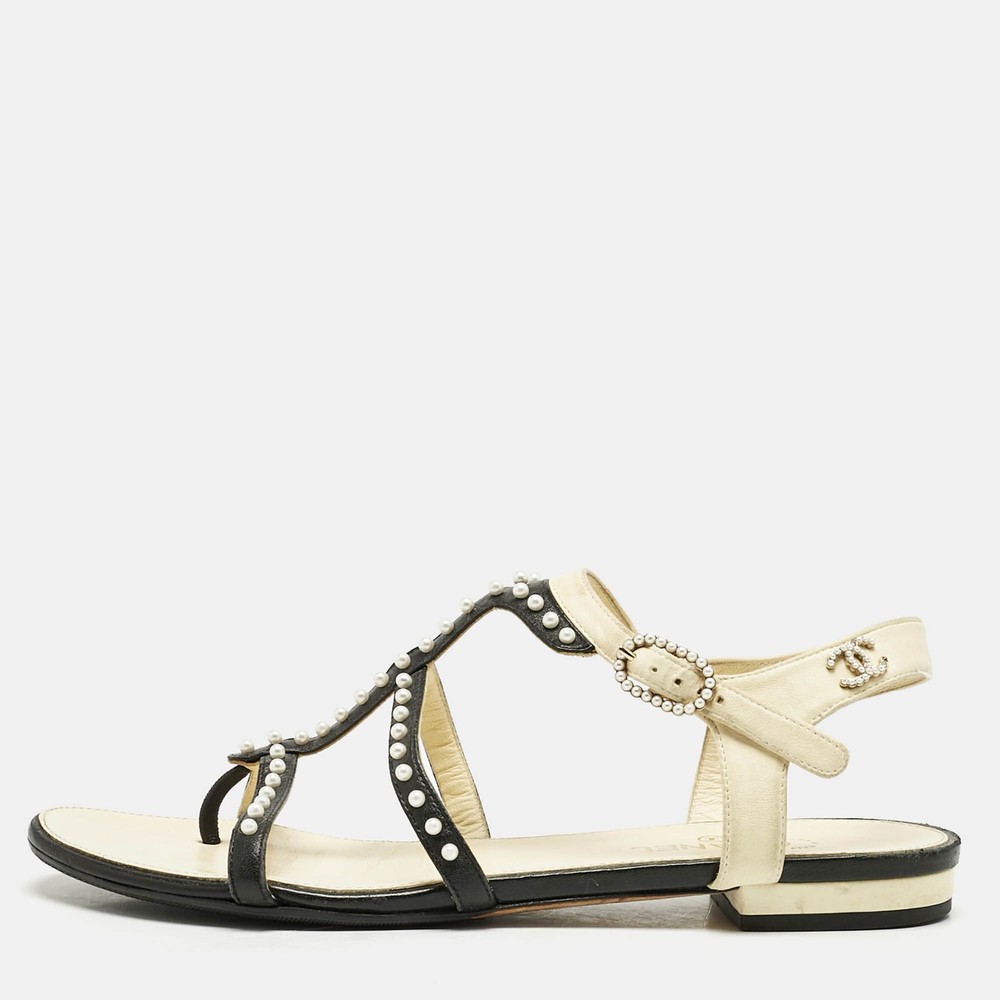 Chanel Black Beige Leather Pearl Embellished Flat Sandals Size 36