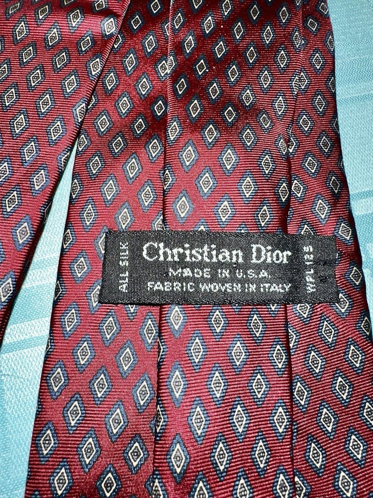 Christian Dior Red Geo Silk Necktie Vintage Made in USA Fabric Woven in Italy