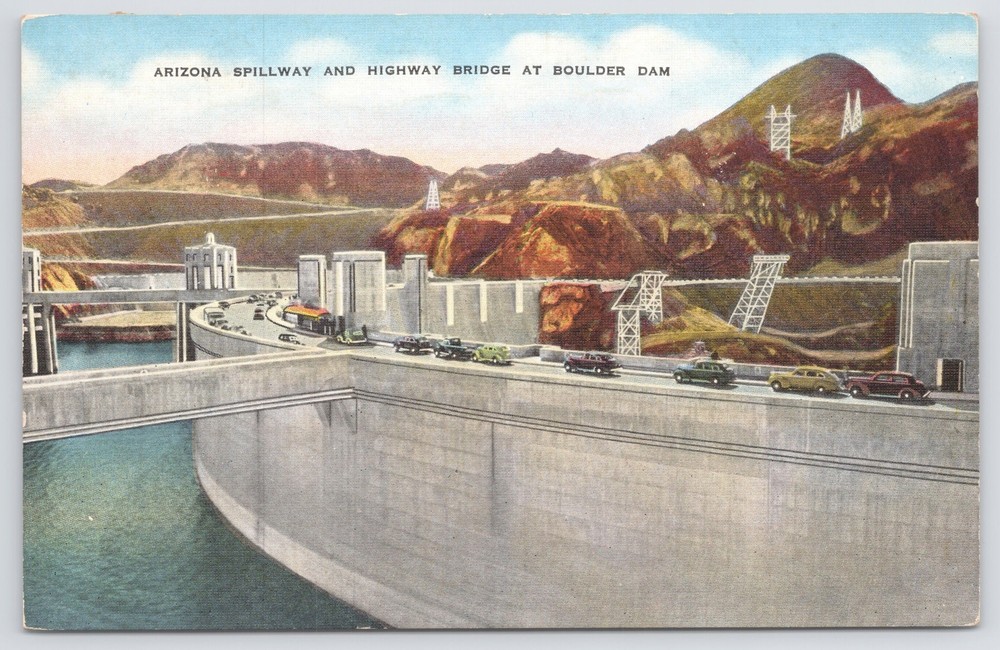 Linen~Arizona Spillway & Highway Bridge At Boulder Dam~Vintage Postcard