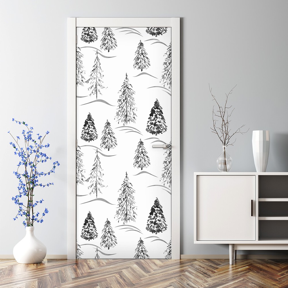 Winter Watercolour Forest Trees removable Door sticker Easy stick Self adhesive