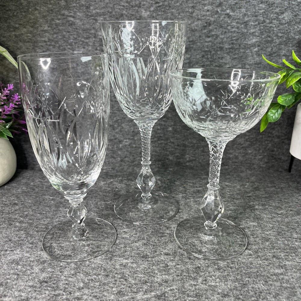 Rock Sharpe Chantilly Stem #1017 Polished Cut Floral 3 Individual Glasses