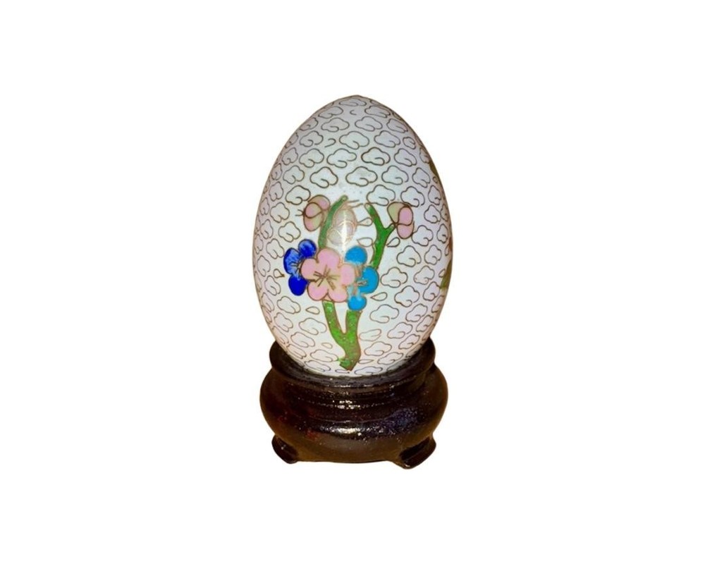 Vintage Chinese Cloisonné Enamel Decorative Egg with Wooden Display Stand
