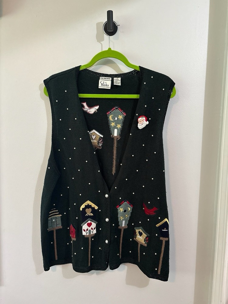 Vintage Christopher Banks Vest 1x Embroidered Cardinals Pearls Christmas Sweater