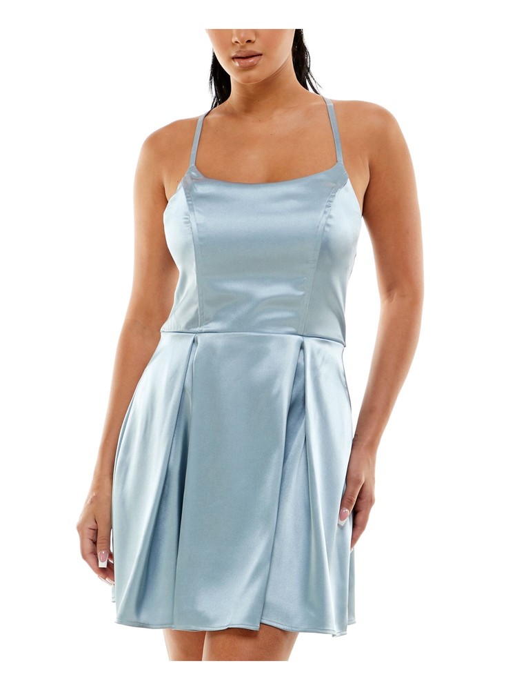 SPEECHLESS Womens Light Blue Strappy-back Satin Tie Mini Dress 7