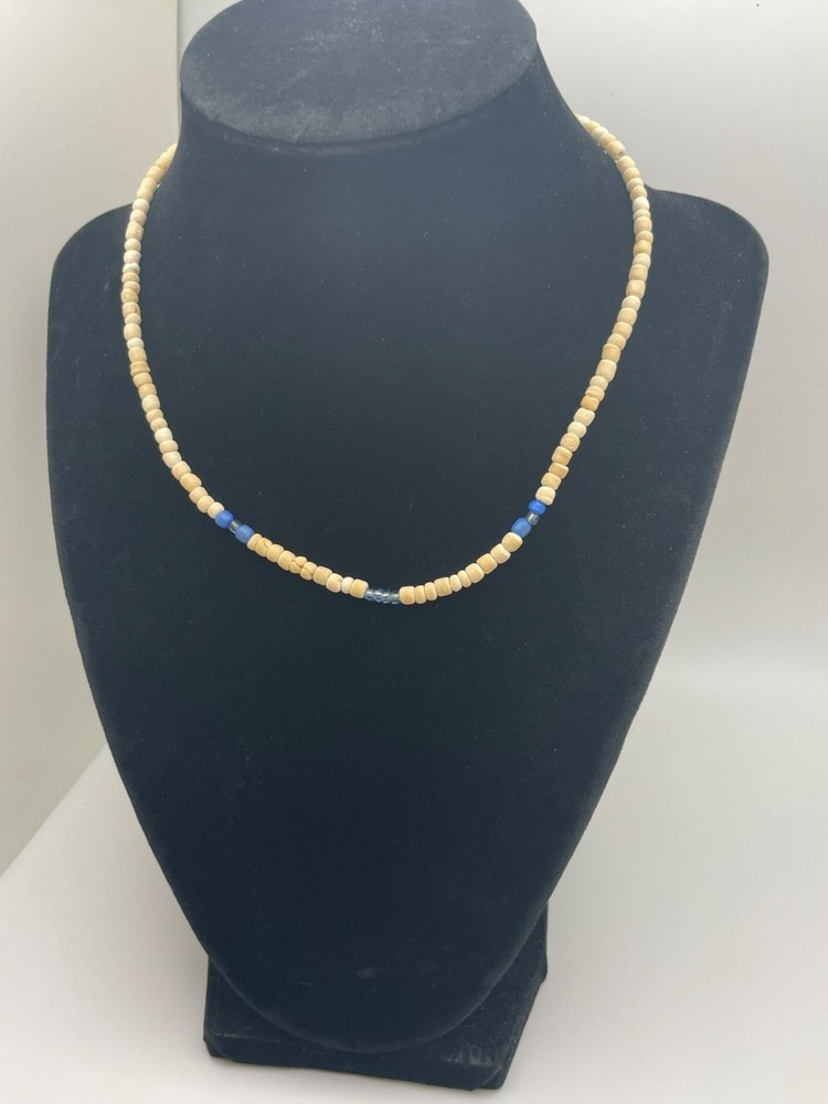 Vintage Boho Beaded Necklace With Natural Beige & Blue Glass Accents Minimalist