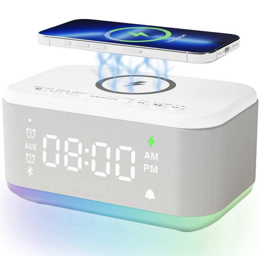 Fansbe A21-B Wireless Charging Alarm Clock with Bluetooth Speaker and Digital Display