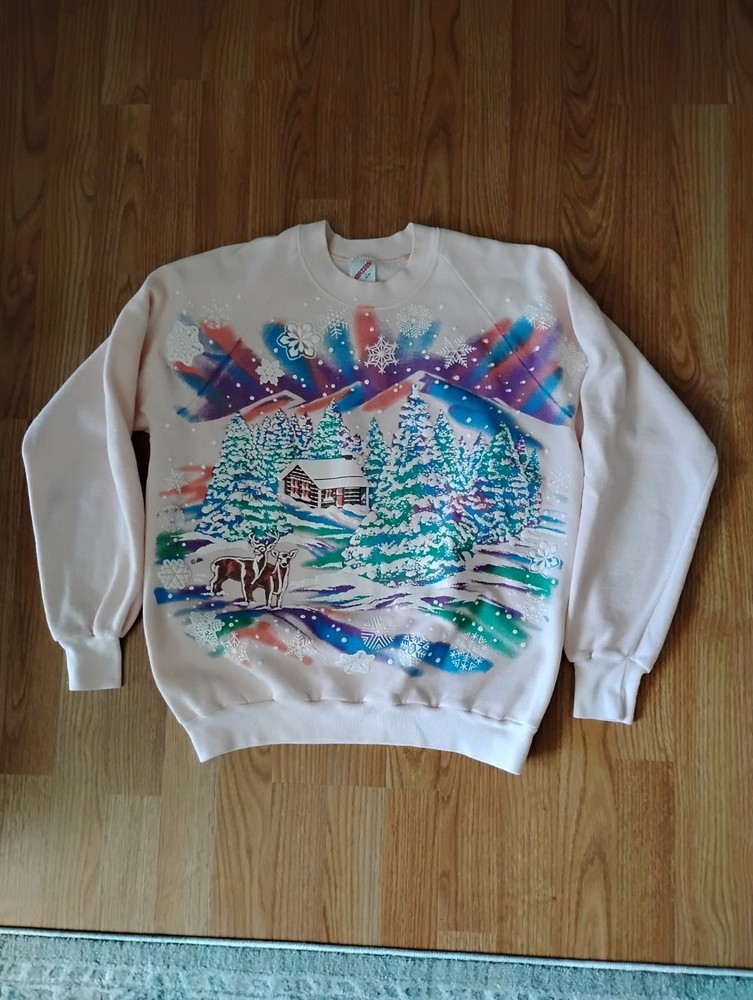 Vintage 90s All Over Print Puff Paint Winter Scene Sweatshirt