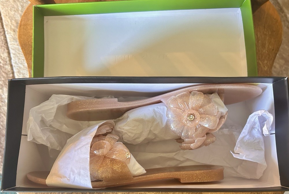 NEW Kate Spade Jaylee Glitter Jelly Floral Thong Sandals Sz 7B Rose Gold/Silver