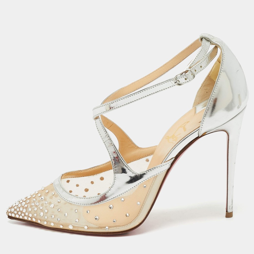 Christian Louboutin SilverBeige Leather and Mesh Twistissima Pumps Size 38