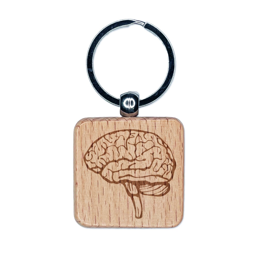 Human Brain with Cerebellum and Medulla Oblongata Engraved Wood Square Keychain