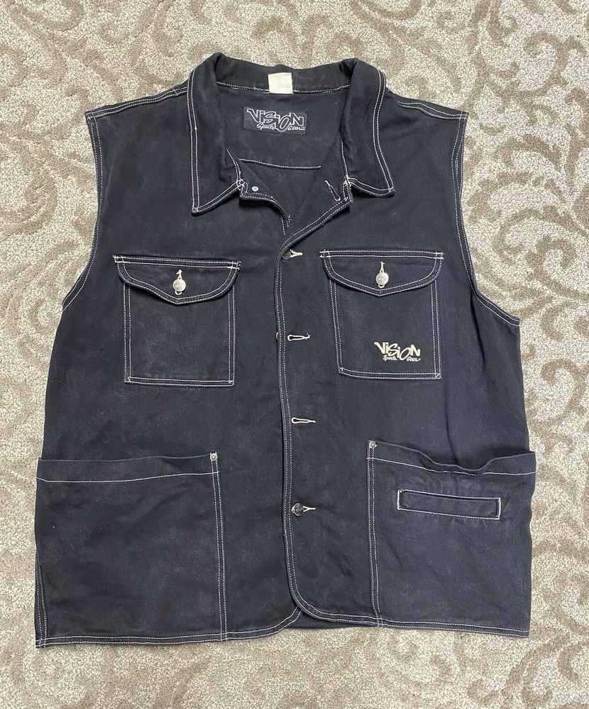 Y2k Vision Sports Gear Denim Vest Button Front Cargo Pockets Size XL (Pre-Owned)