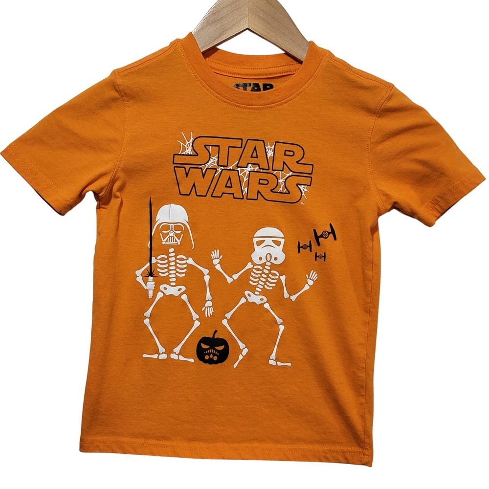 Star Wars Kids Halloween Skeleton Darth Vader Stormtrooper Orange Tee XS 4-5