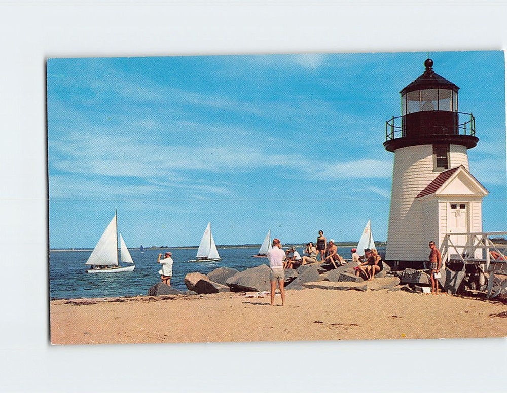 Postcard Sailboat Racing Brant Point Light Nantucket Massachusetts USA