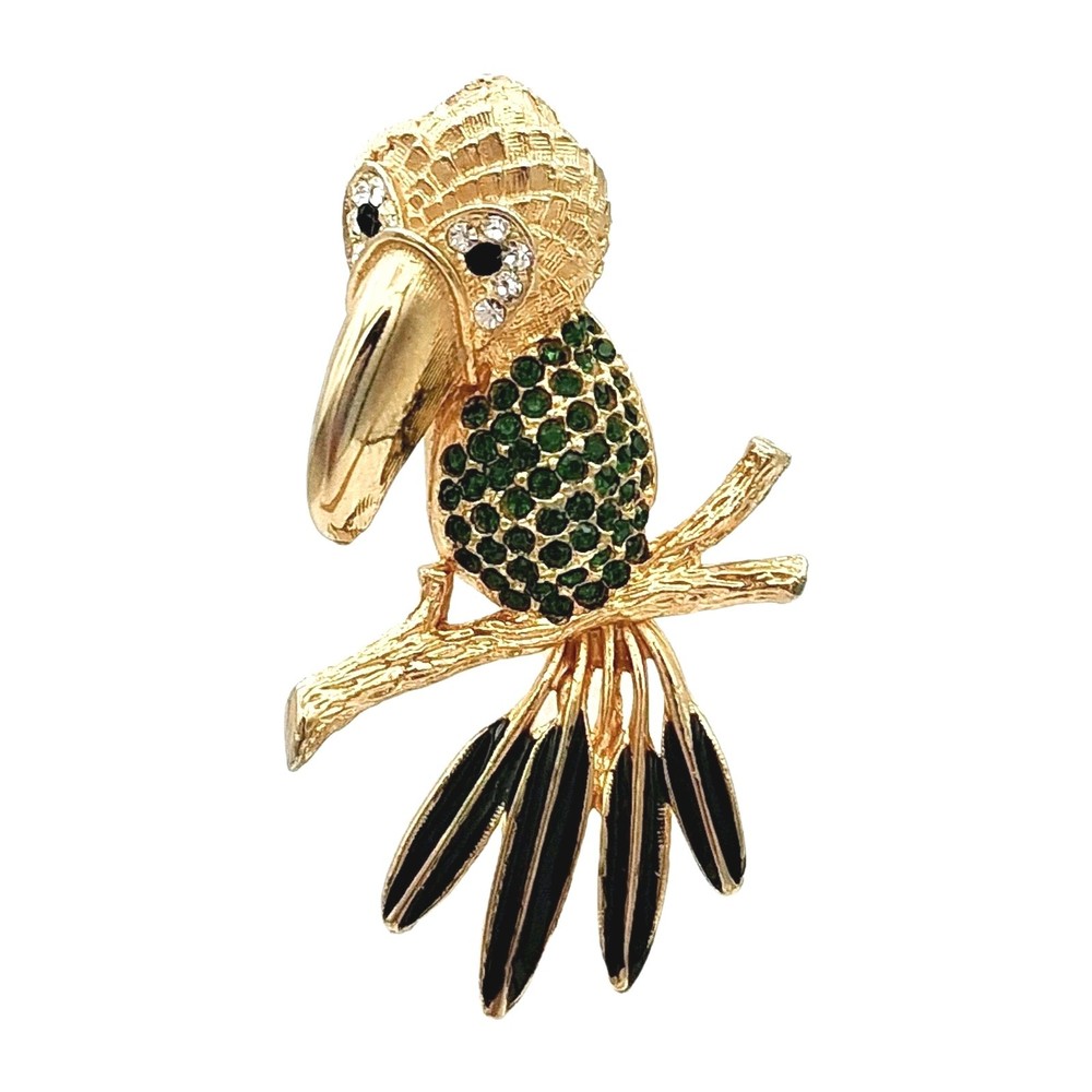 Vtg 80s Gold Tone Green Rhinestone Enamel Parrot Brooch 2.25