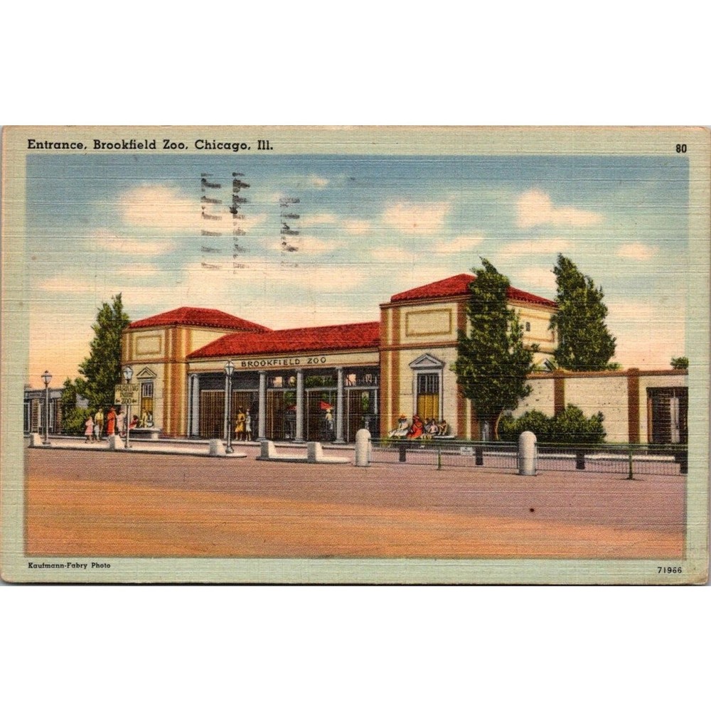 Entrance Brookfield Zoo Chicago Illinois Vintage Linen Postcard Posted 1945