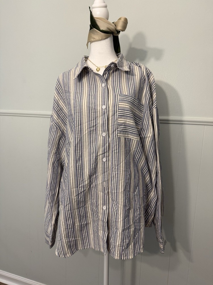 MASSA Blue/White Striped Long Sleeve Button-Up Shirt 2XL Woven Polyester