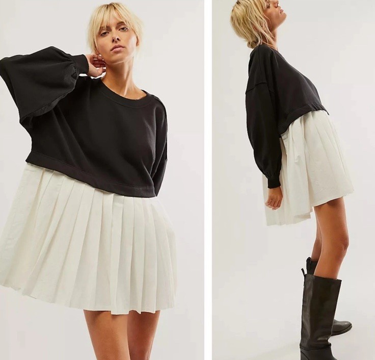 FREE PEOPLE Eleanor Sweatshirt Dress Black Ivory Sz Large
