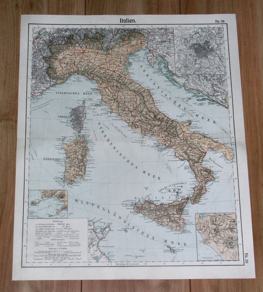 1905 Original Antique Map Of Italy Rome Tuscany Lombardy Piedmont Sicily Istria