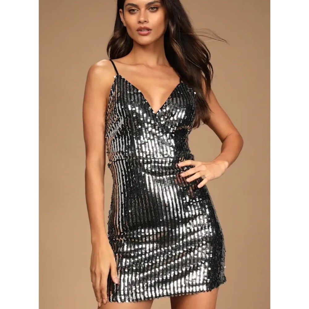 Lulus Mega Babe Black and Silver Sequin Mini Dress Size L