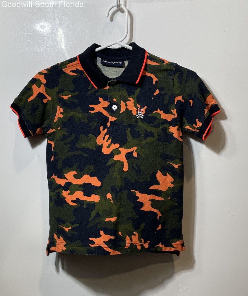 Psycho Bunny Kids Green Multicolor Camouflage Cotton Polo Shirt Size 7-8