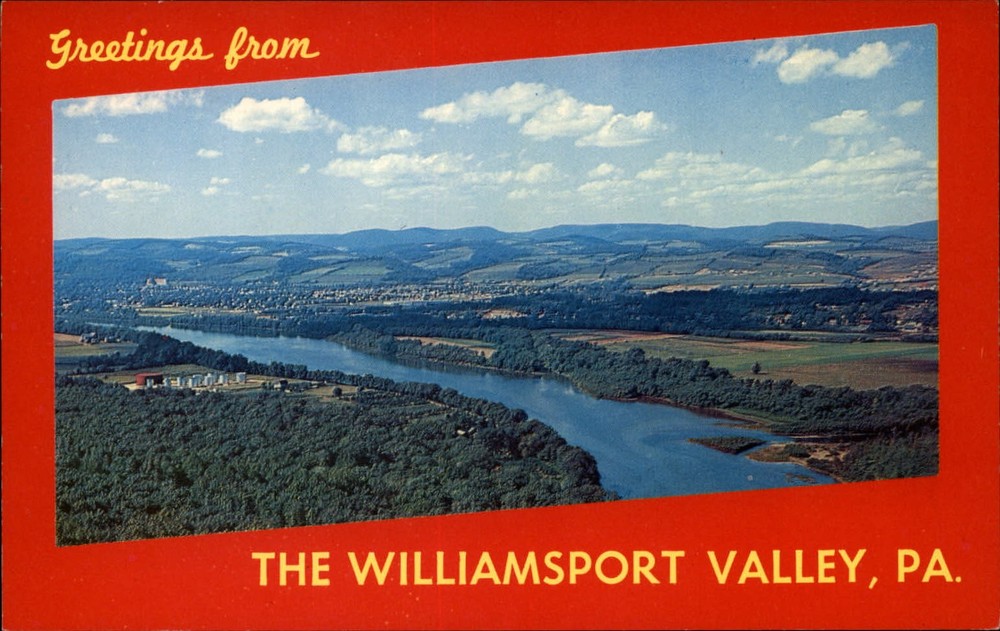 Greetings from Williamsport Valley Pennsylvania aerial view ~ 1950-60s postcard