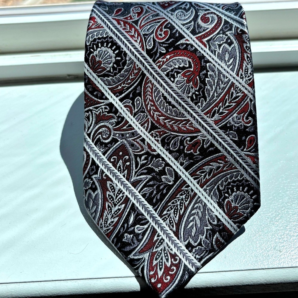 Pronto Uomo 100% Silk Paisley Necktie Men's Formal Tie Burgundy Gray Stripes