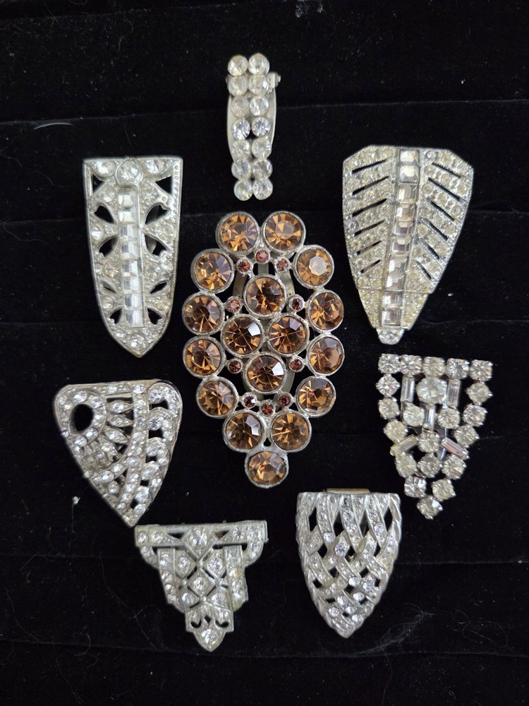 Vintage ART DECO Dress FUR CLIP LOT of 8 Clear & Smoky Topaz Rhinestone