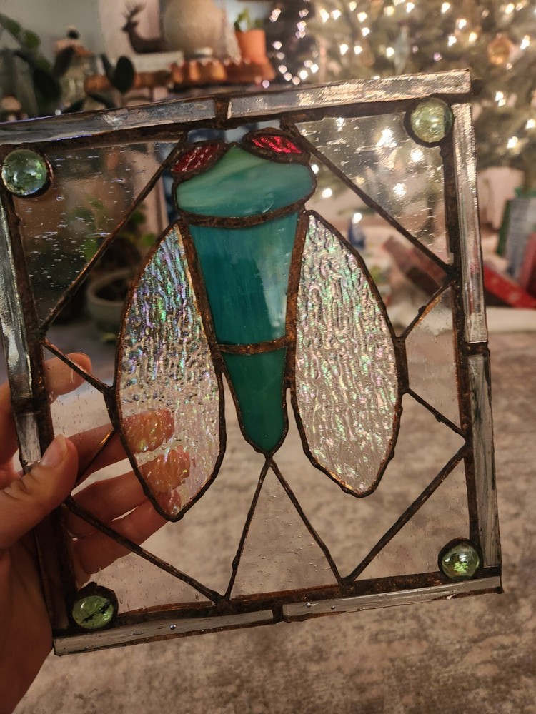 Stained Glass Cicada Suncatcher with Iridescent Wings and Copper Solder