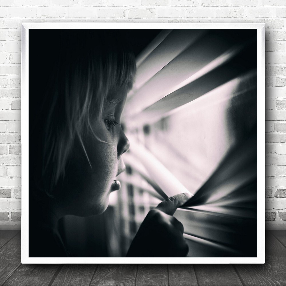 Child Drapes Window Eyes Look Lines Blinds Childhood Girl Kid Wall Art Print