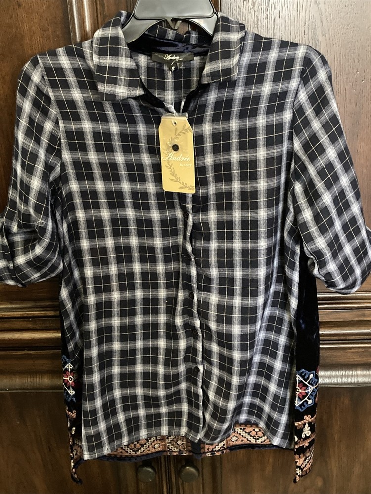 Andree by Unit Size S Plaid Tunic Shirt Embroidered Floral Back Roll Up Slev NEW