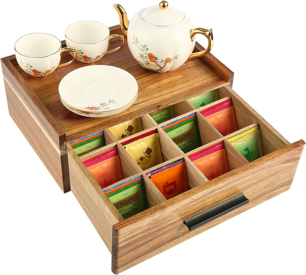 Acacia Wood Tea Bag Organizer with 12 Compartments for Storage-image