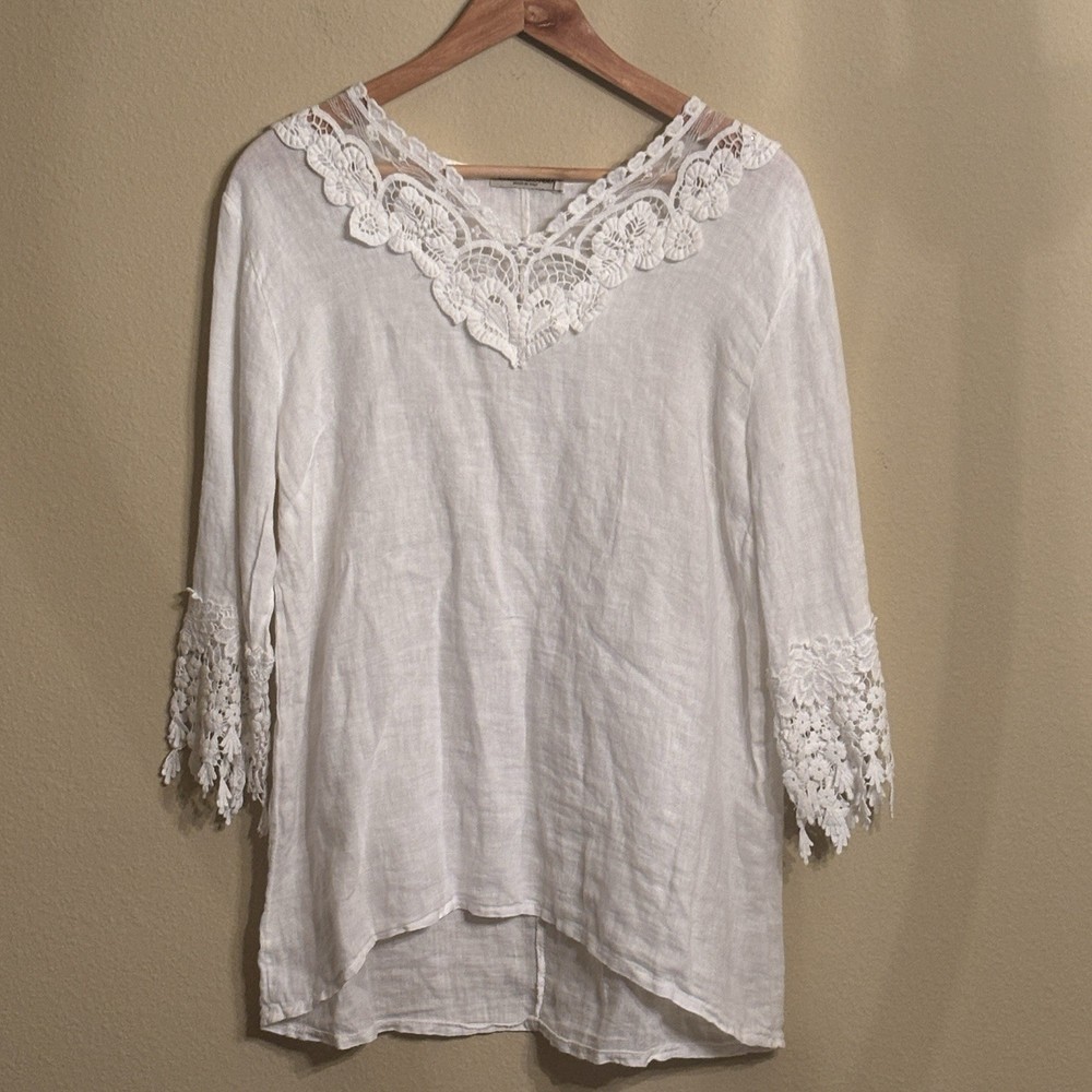 VANESSA ALEXANDRA Top Women Sz L White Italy Linen Boho V-Neck Botanical Crochet