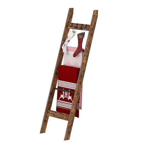 Blanket Ladder Shelf for Living Room, Decorative Quilt Rack 5 Tier Rustic Brown
