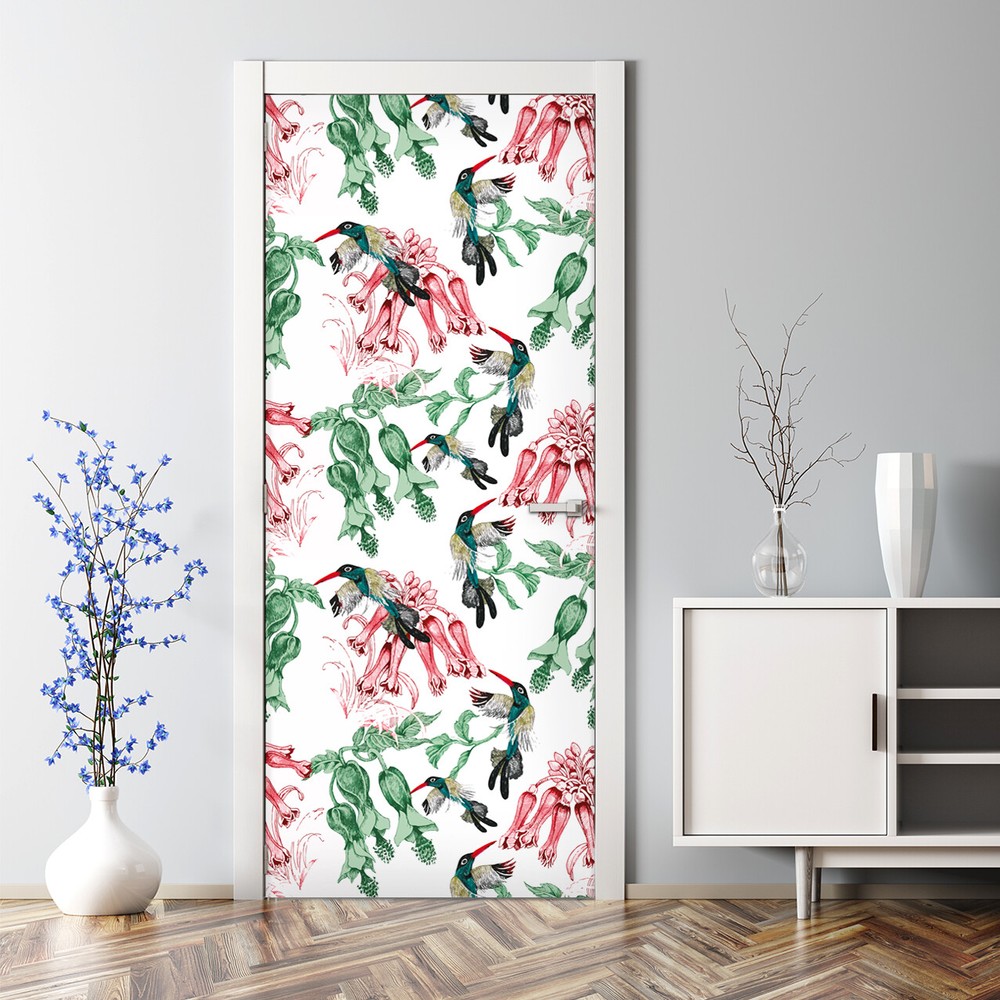 Summer Herbs & Birds Bubble-Free Door Sticker Decor Self-Adhesive Peel & Stick