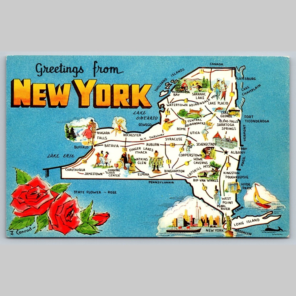 Postcard Greetings from New York Map State Flower Rose Dexter Press
