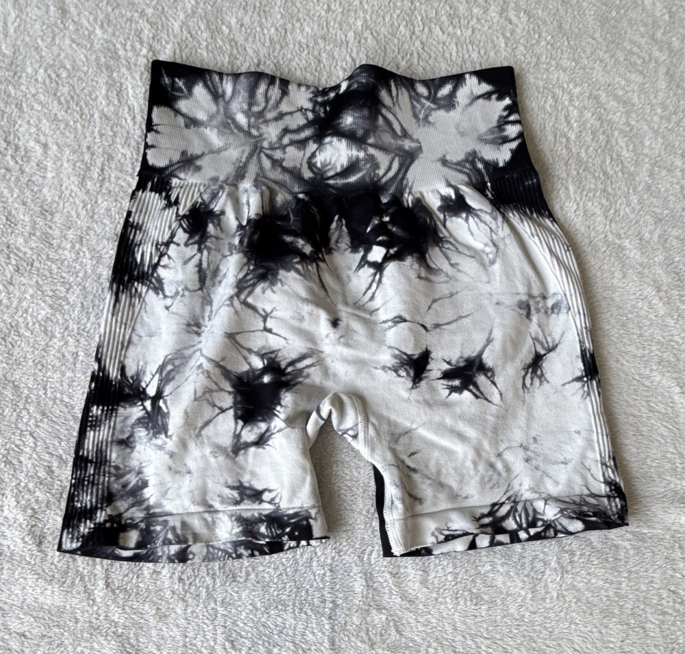 Women’s Black/White Tie-Dye Biker Activewear Shorts Stretch Pull On S