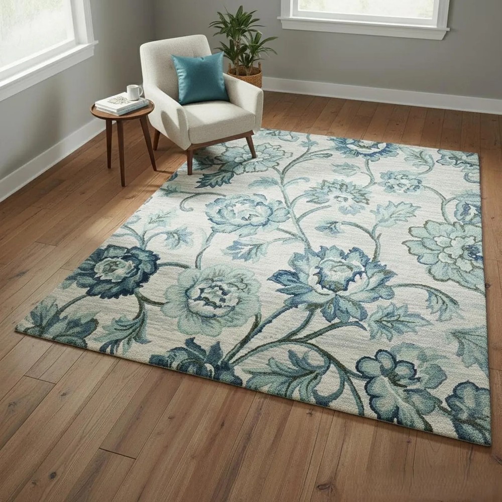 Blue Floral Hand Tufted Wool Area Rug Vintage Botanical Living Room Home Decor M
