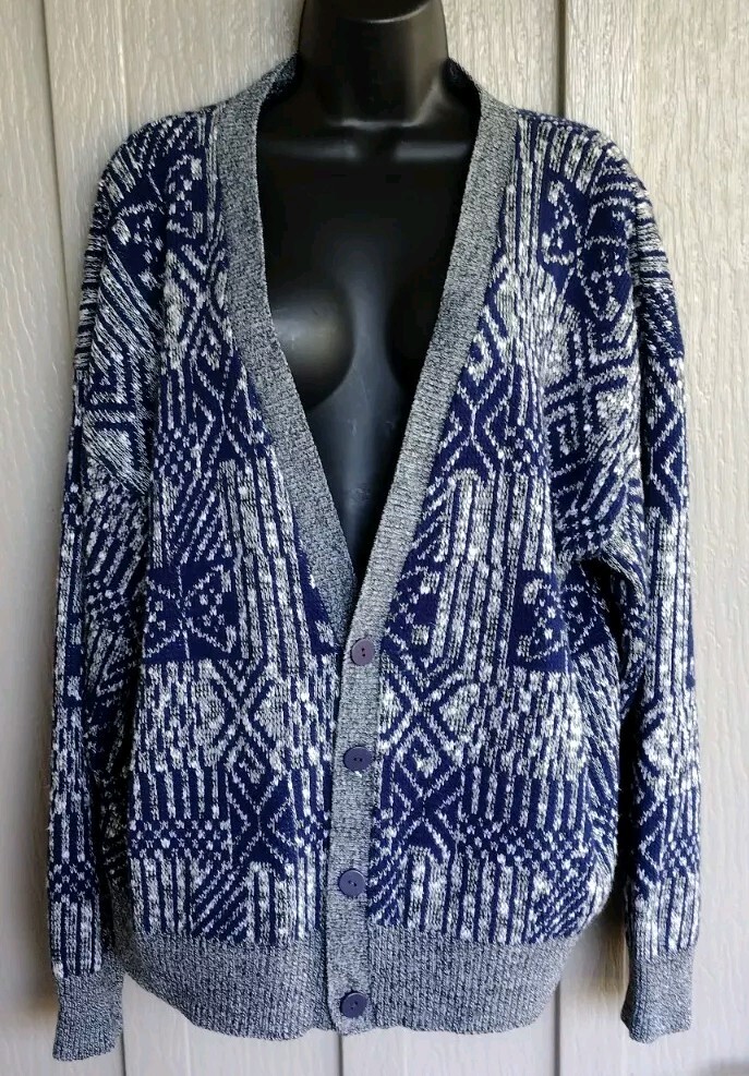 Cárdigan estilo abuelo vintage suéter con botones talla grande gasolinera estampado azul-image