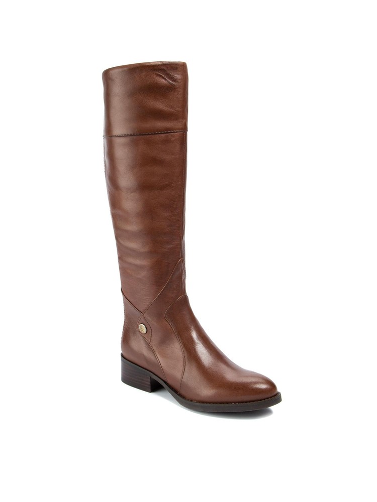 SOLE BOUND Womens Brown Studded Almond Toe Stacked Heel Zip-Up Leather Boots 6.5